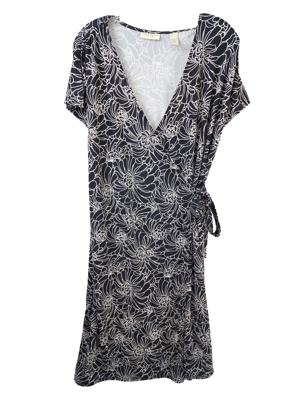 Valerie Stevens Midi Wrap Dress Large Black & White Floral Cap Sleeves